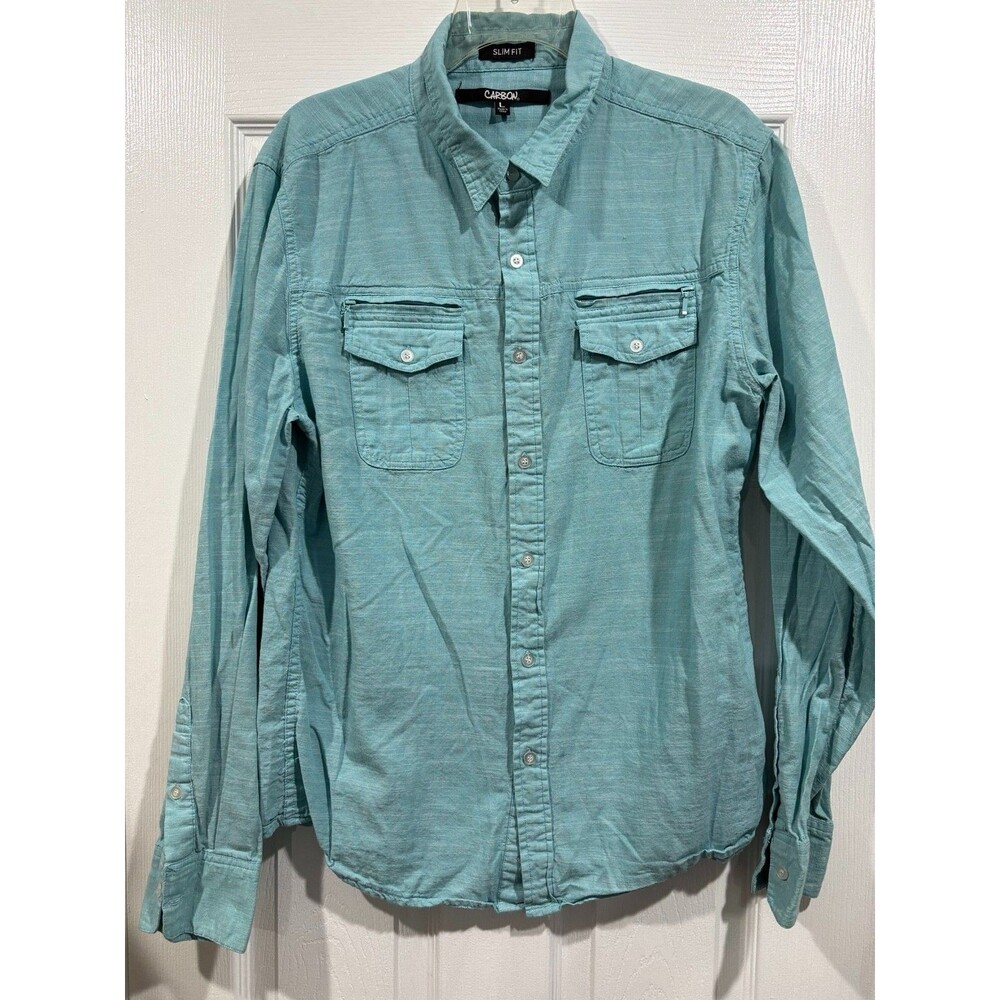 Carbon Slim Fit Men's Large Aqua Cotton Utility Button Front Shirt Long Sleeve